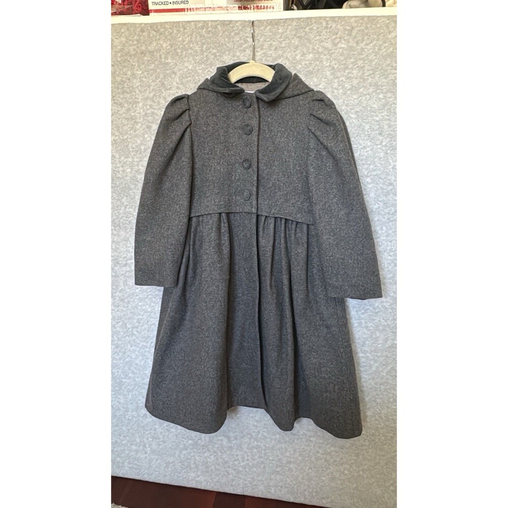 Wool Winter Coat Girls 6 Grey Overcoat Princess Puff Shoulder Hooded H Lans VTG - Picture 5 of 14